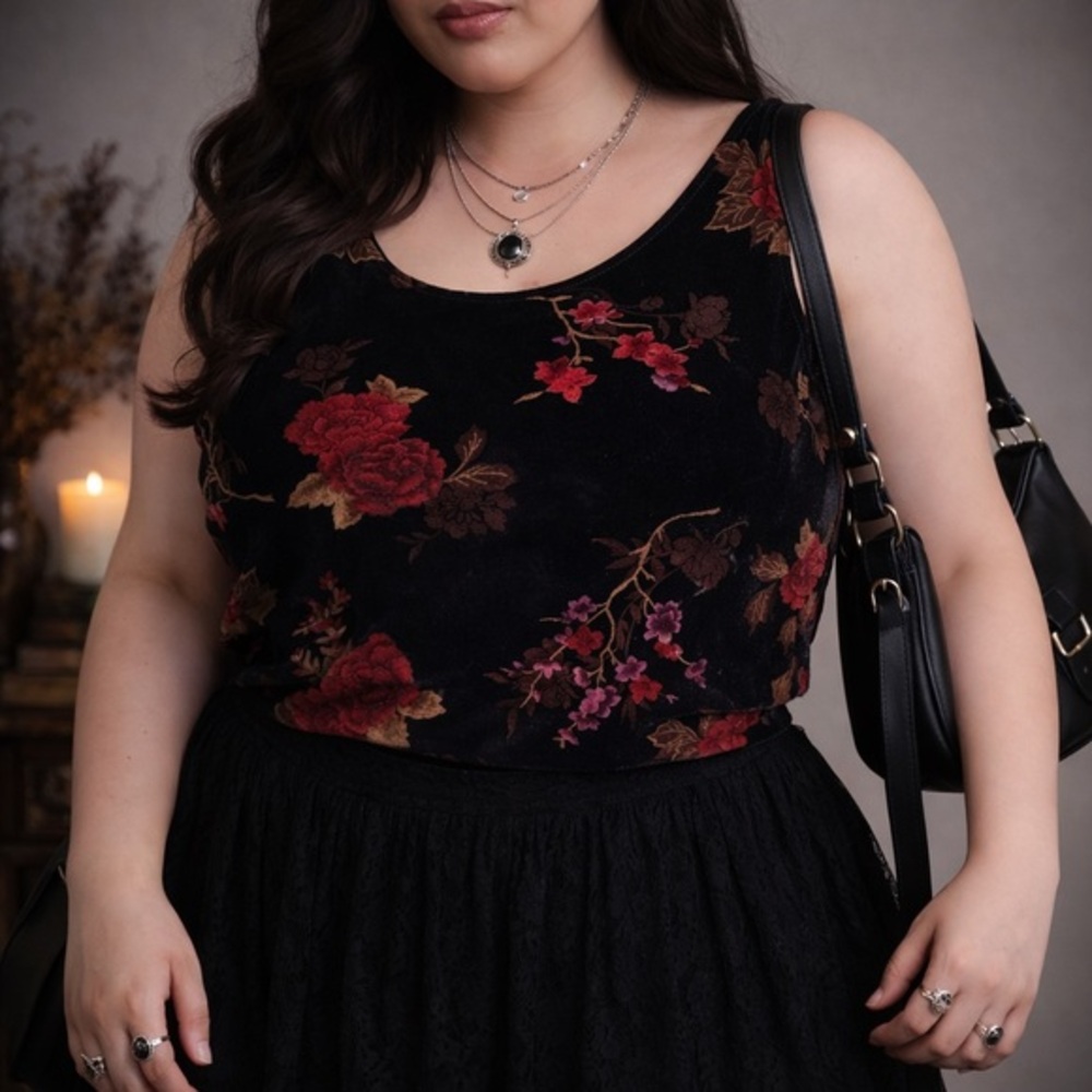 Laura Scott Floral Velvet Women's Top - Black and Red